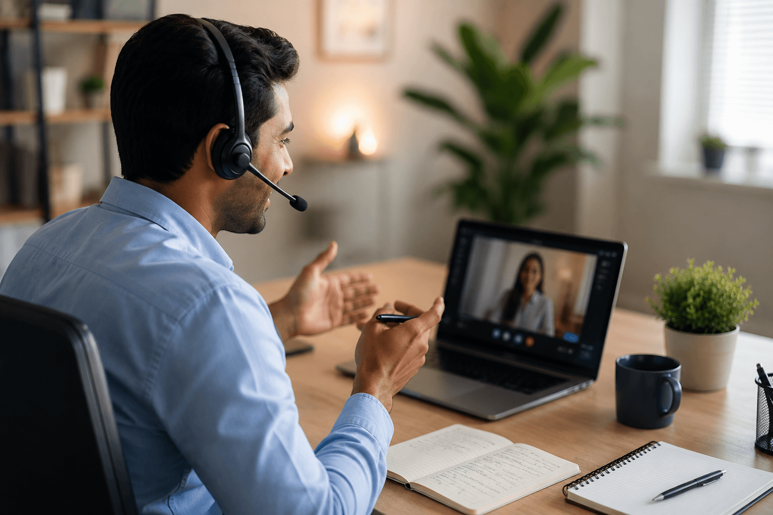 Sales representative on a video call with a prospect, wearing a headset and managing lead nurturing from a modern office workspace.